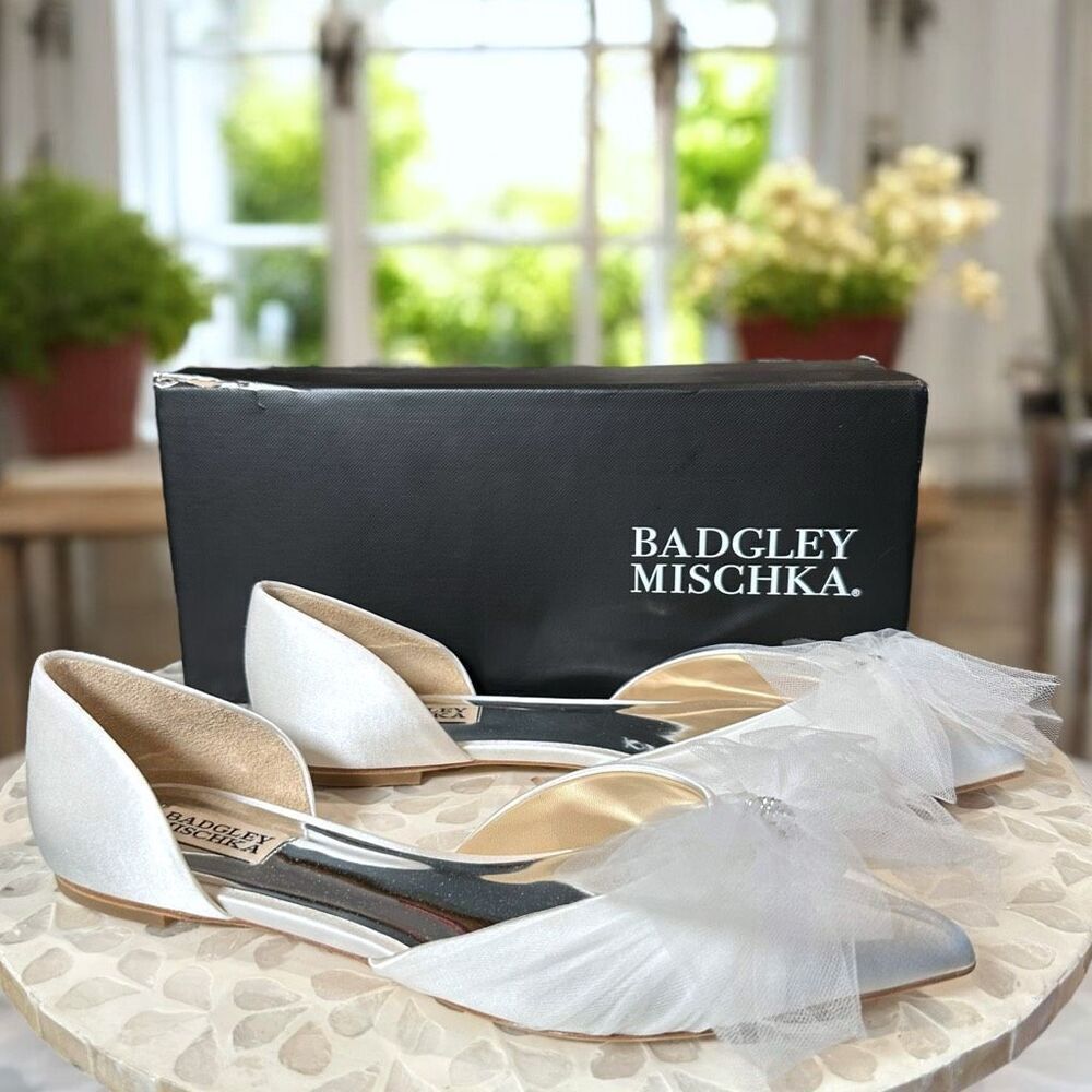 Badgley Mischka Fergie Bridal Ballet Flats Ivory Tulle Bow Pointed Toe D’Orsay S - Picture 4 of 13